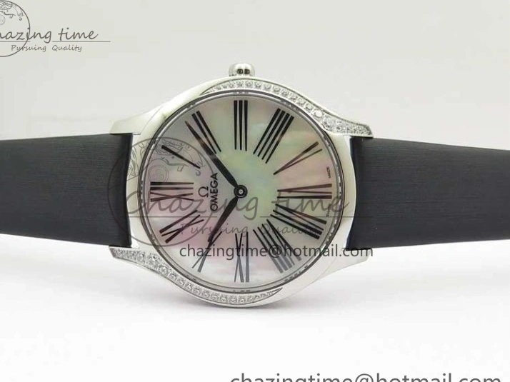 0406 ZeroBulk Ladies’ De Ville Trésor Diamond SS 3AF 1:1 Best Edition White Dial Black Markers On Black fabric strap Swiss Quartz 7880